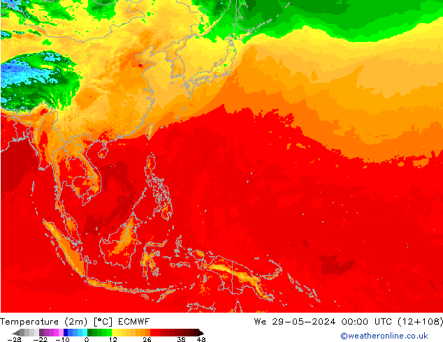 Temperatuurkaart (2m) ECMWF wo 29.05.2024 00 UTC