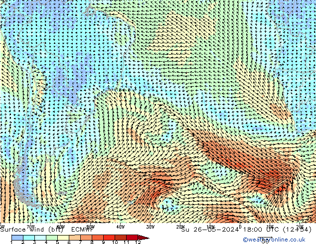 wiatr 10 m (bft) ECMWF nie. 26.05.2024 18 UTC