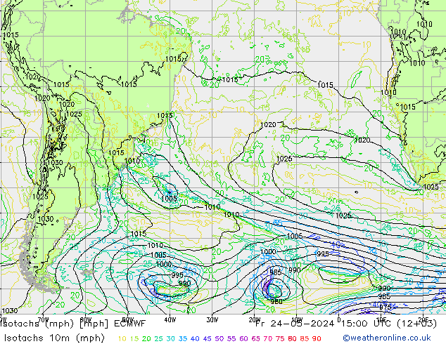 Isotachs (mph) ECMWF Pá 24.05.2024 15 UTC