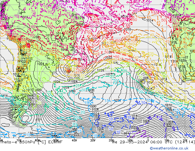 Theta-e 850hPa ECMWF mer 29.05.2024 06 UTC