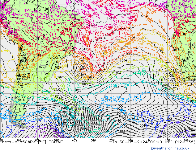 Theta-e 850hPa ECMWF czw. 30.05.2024 06 UTC