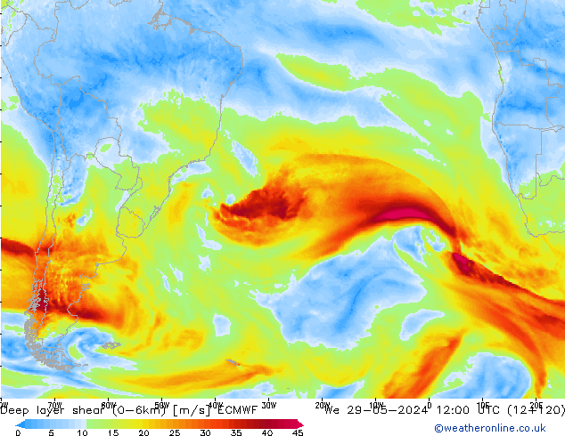 Deep layer shear (0-6km) ECMWF We 29.05.2024 12 UTC