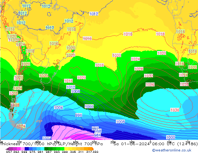 Espesor 700-1000 hPa ECMWF sáb 01.06.2024 06 UTC