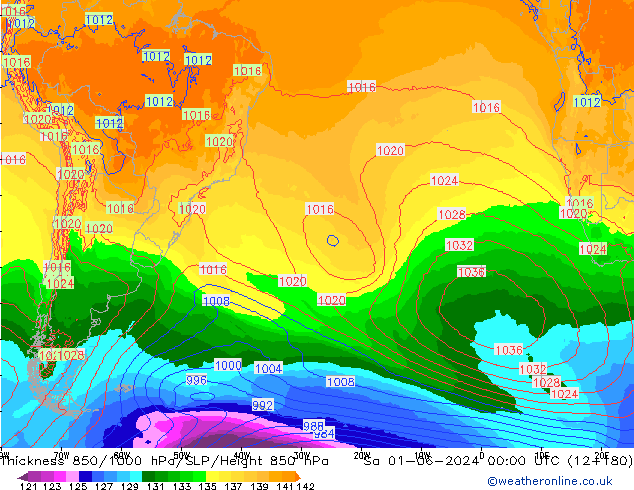 Espesor 850-1000 hPa ECMWF sáb 01.06.2024 00 UTC