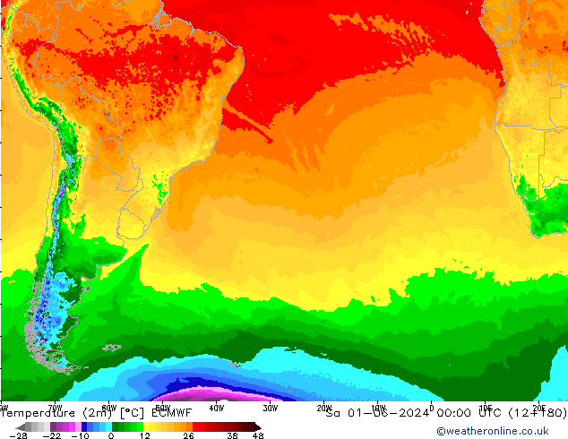 карта температуры ECMWF сб 01.06.2024 00 UTC