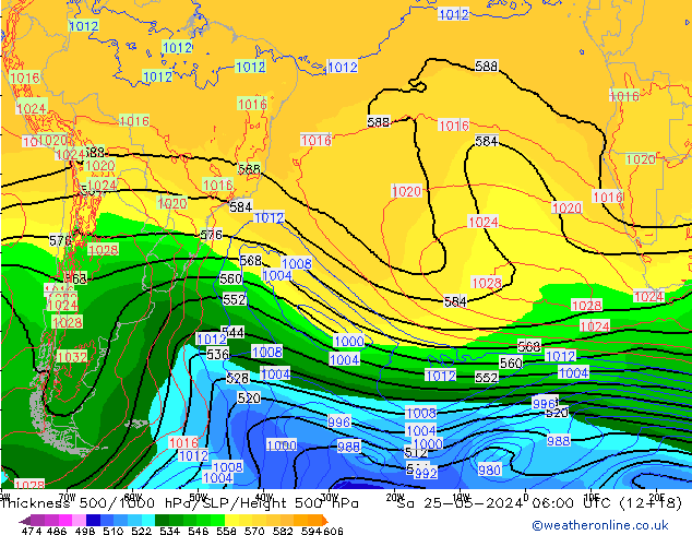 Dikte 500-1000hPa ECMWF za 25.05.2024 06 UTC