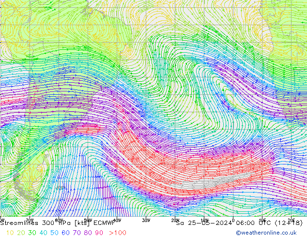 Linea di flusso 300 hPa ECMWF sab 25.05.2024 06 UTC