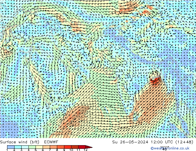 Vent 10 m (bft) ECMWF dim 26.05.2024 12 UTC