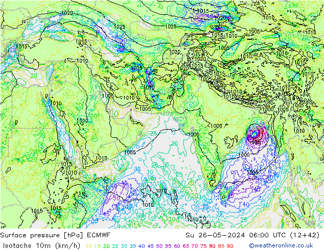 Isotachs (kph) ECMWF Вс 26.05.2024 06 UTC