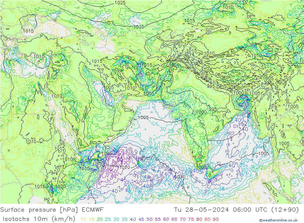 Isotachen (km/h) ECMWF di 28.05.2024 06 UTC