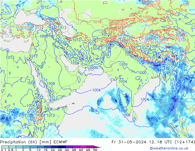 Totale neerslag (6h) ECMWF vr 31.05.2024 18 UTC
