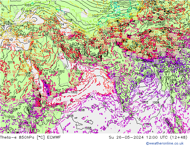 Theta-e 850hPa ECMWF Su 26.05.2024 12 UTC