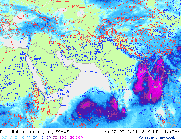 Precipitation accum. ECMWF пн 27.05.2024 18 UTC