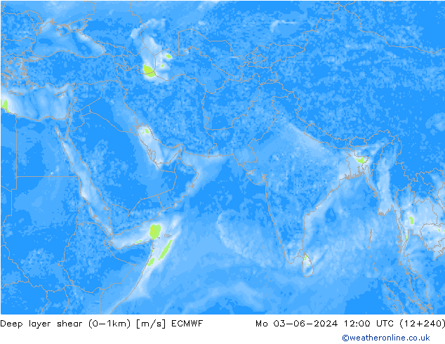 Deep layer shear (0-1km) ECMWF Mo 03.06.2024 12 UTC