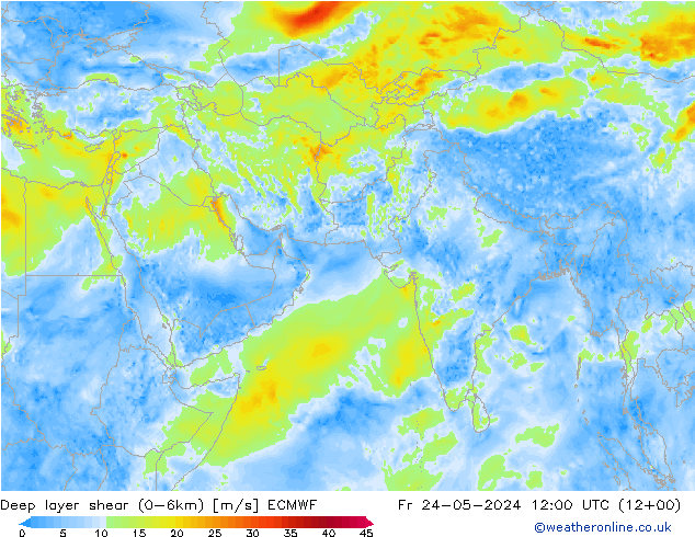 Deep layer shear (0-6km) ECMWF vr 24.05.2024 12 UTC