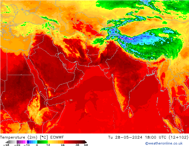 Temperature (2m) ECMWF Tu 28.05.2024 18 UTC