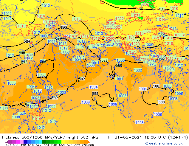 Dikte 500-1000hPa ECMWF vr 31.05.2024 18 UTC