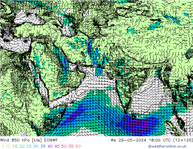 Vento 850 hPa ECMWF mer 29.05.2024 18 UTC