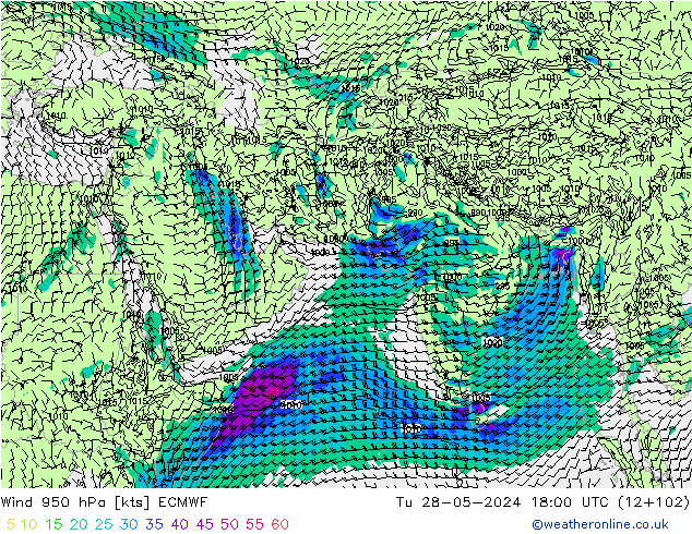 Rüzgar 950 hPa ECMWF Sa 28.05.2024 18 UTC