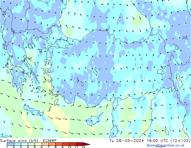 Vento 10 m (bft) ECMWF Ter 28.05.2024 18 UTC