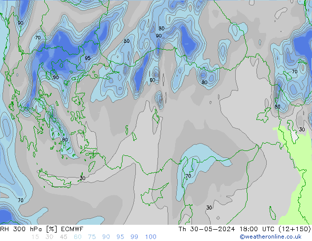 RH 300 hPa ECMWF Čt 30.05.2024 18 UTC