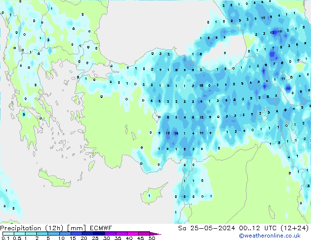 Precipitation (12h) ECMWF Sa 25.05.2024 12 UTC