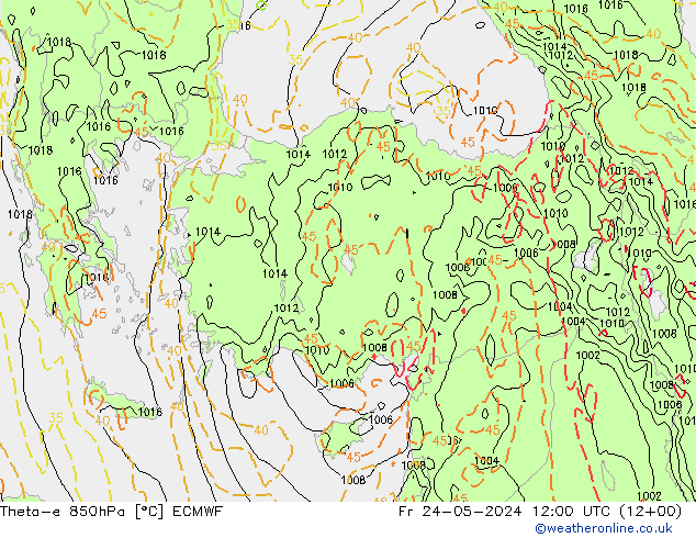 Theta-e 850hPa ECMWF Sex 24.05.2024 12 UTC