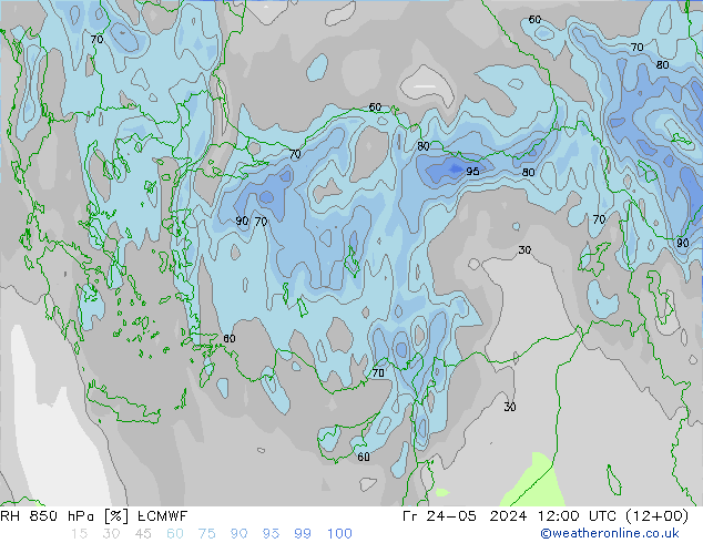 Humidité rel. 850 hPa ECMWF ven 24.05.2024 12 UTC