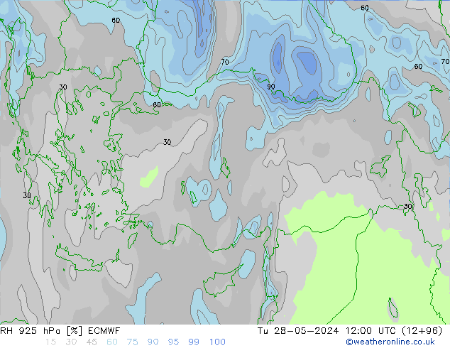 Humedad rel. 925hPa ECMWF mar 28.05.2024 12 UTC