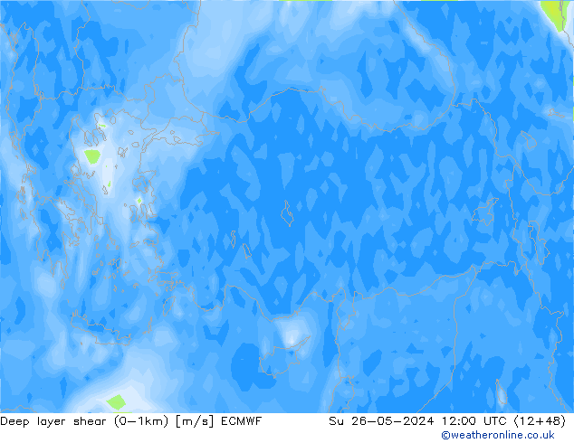 Deep layer shear (0-1km) ECMWF nie. 26.05.2024 12 UTC