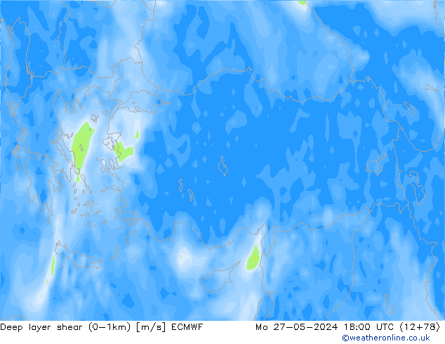 Deep layer shear (0-1km) ECMWF Mo 27.05.2024 18 UTC