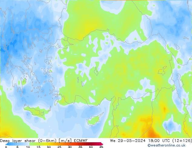 Deep layer shear (0-6km) ECMWF Qua 29.05.2024 18 UTC