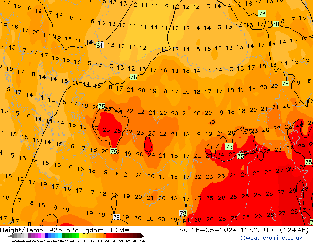 Height/Temp. 925 hPa ECMWF Su 26.05.2024 12 UTC