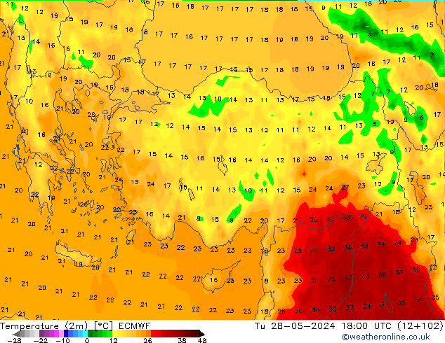 Temperature (2m) ECMWF Tu 28.05.2024 18 UTC