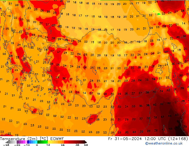 Temperature (2m) ECMWF Pá 31.05.2024 12 UTC