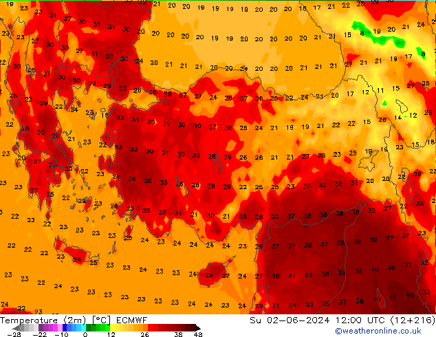 Temperatuurkaart (2m) ECMWF zo 02.06.2024 12 UTC