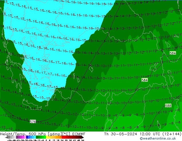 Z500/Rain (+SLP)/Z850 ECMWF Čt 30.05.2024 12 UTC