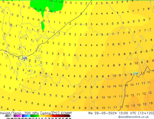 Height/Temp. 700 гПа ECMWF ср 29.05.2024 12 UTC