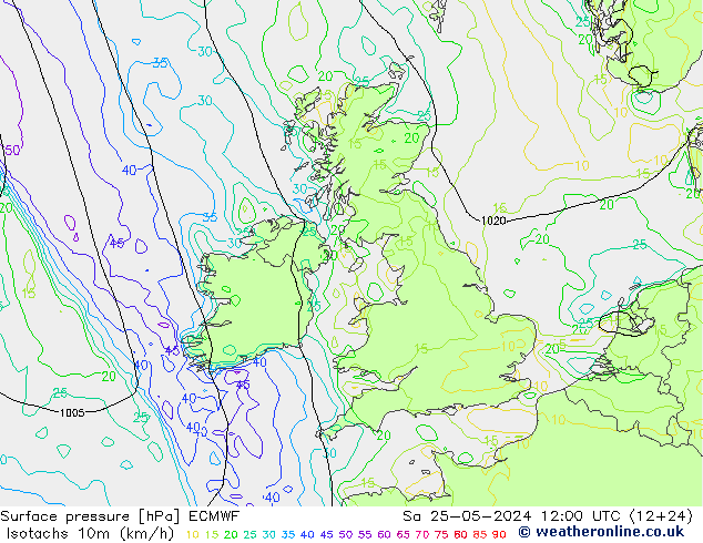 Isotachs (kph) ECMWF Sa 25.05.2024 12 UTC