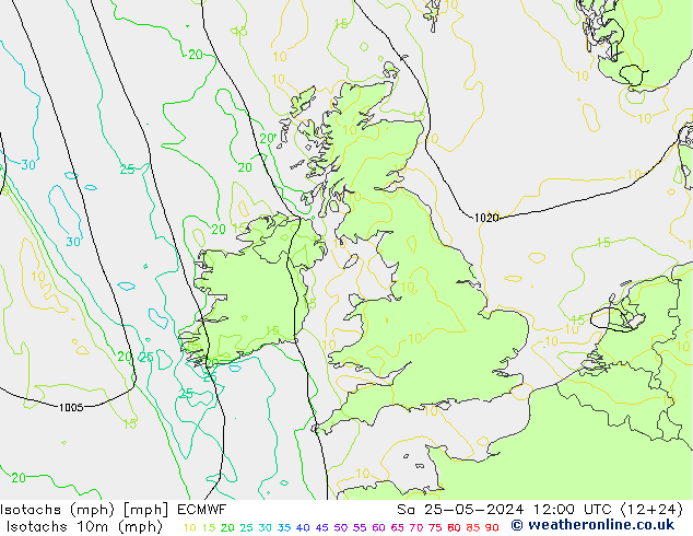 Isotachs (mph) ECMWF  25.05.2024 12 UTC