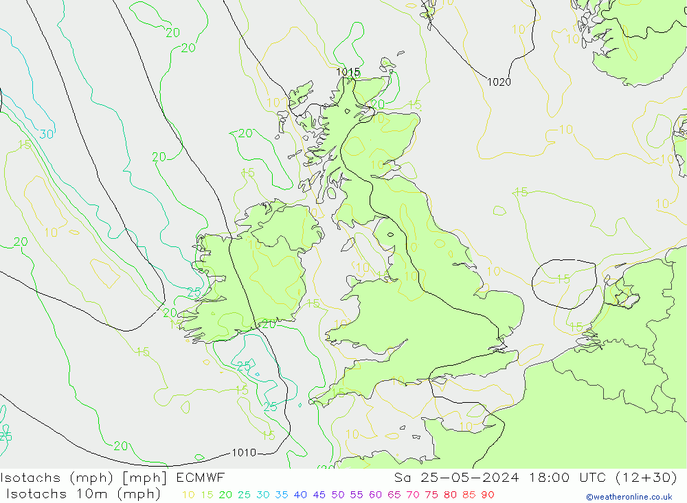 Isotaca (mph) ECMWF sáb 25.05.2024 18 UTC