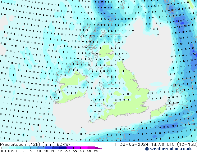 Precipitation (12h) ECMWF Th 30.05.2024 06 UTC