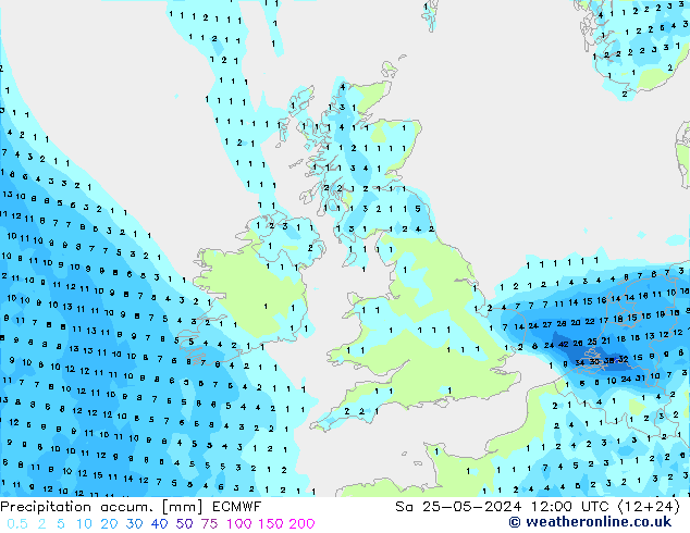 Precipitation accum. ECMWF Sa 25.05.2024 12 UTC