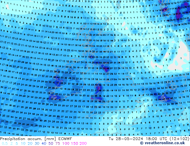 Precipitation accum. ECMWF mar 28.05.2024 18 UTC