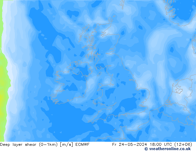 Deep layer shear (0-1km) ECMWF Fr 24.05.2024 18 UTC