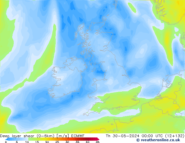 Deep layer shear (0-6km) ECMWF Th 30.05.2024 00 UTC