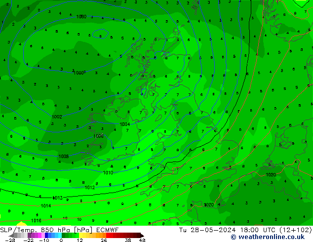 SLP/Temp. 850 hPa ECMWF mar 28.05.2024 18 UTC