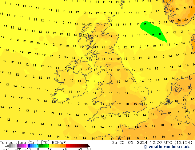 Temperature (2m) ECMWF Sa 25.05.2024 12 UTC