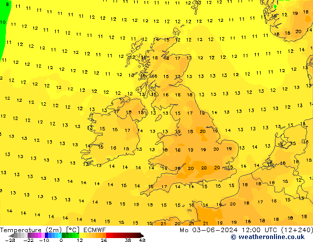 mapa temperatury (2m) ECMWF pon. 03.06.2024 12 UTC