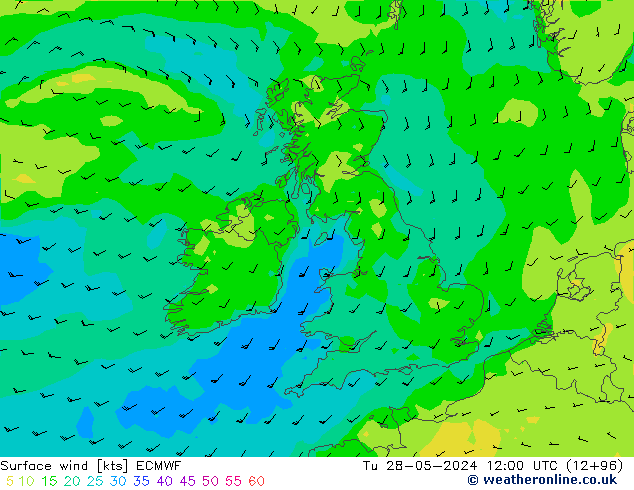 Prec 6h/Wind 10m/950 ECMWF Tu 28.05.2024 12 UTC